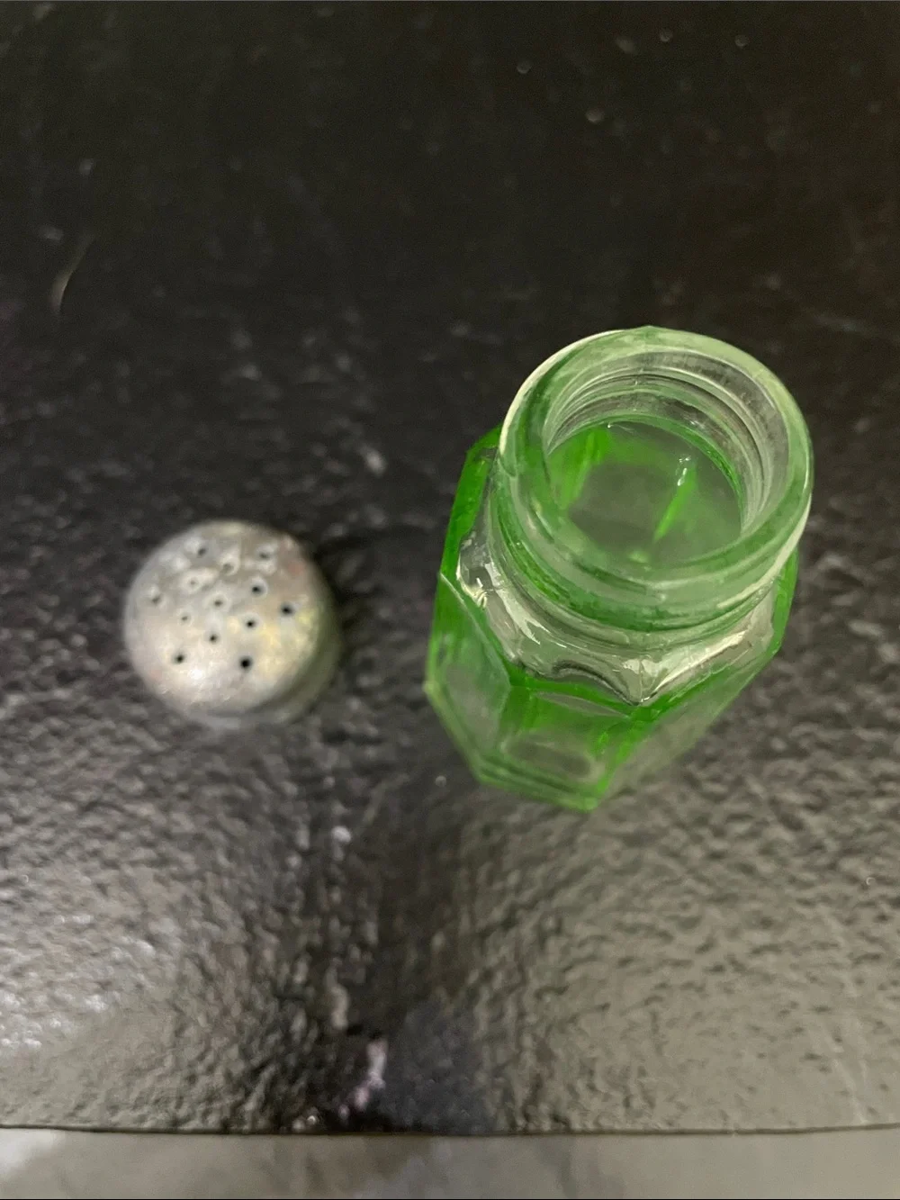 Anchor Hocking Vintage Uranium/Vaseline Green Glass Salt Shaker with Metal Lid